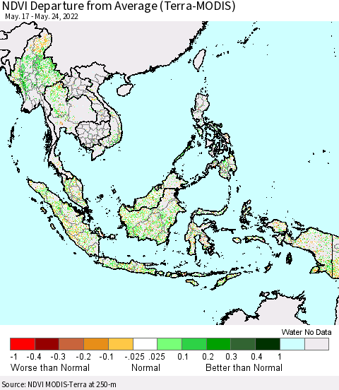 South East Asia NDVI Departure from Average (Terra-MODIS) Thematic Map For 5/17/2022 - 5/24/2022