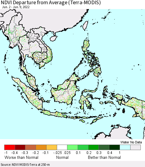South East Asia NDVI Departure from Average (Terra-MODIS) Thematic Map For 6/2/2022 - 6/9/2022