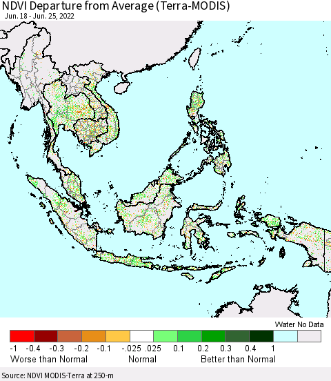 South East Asia NDVI Departure from Average (Terra-MODIS) Thematic Map For 6/18/2022 - 6/25/2022