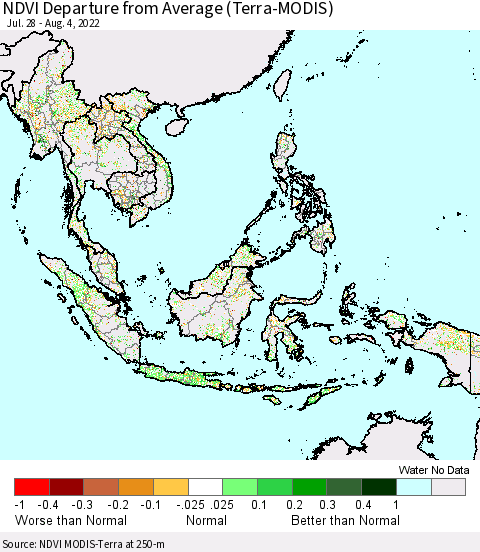 South East Asia NDVI Departure from Average (Terra-MODIS) Thematic Map For 7/28/2022 - 8/4/2022
