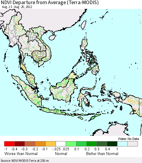 South East Asia NDVI Departure from Average (Terra-MODIS) Thematic Map For 8/13/2022 - 8/20/2022