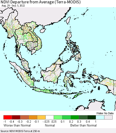 South East Asia NDVI Departure from Average (Terra-MODIS) Thematic Map For 8/29/2022 - 9/5/2022