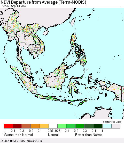South East Asia NDVI Departure from Average (Terra-MODIS) Thematic Map For 9/6/2022 - 9/13/2022