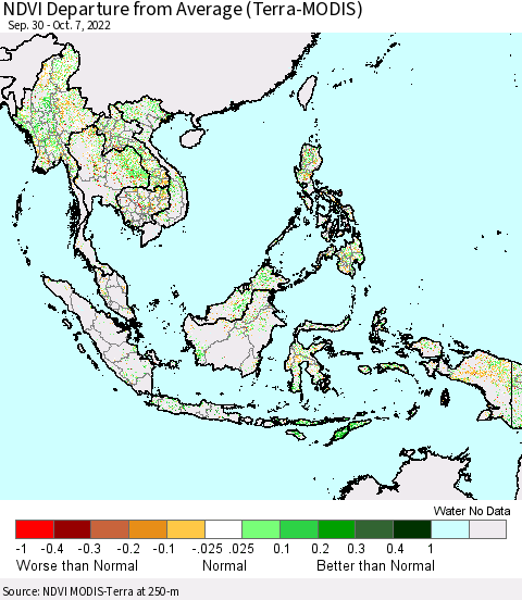 South East Asia NDVI Departure from Average (Terra-MODIS) Thematic Map For 9/30/2022 - 10/7/2022