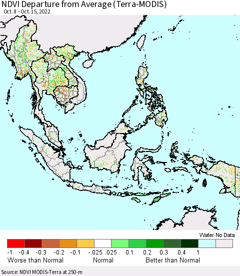 South East Asia NDVI Departure from Average (Terra-MODIS) Thematic Map For 10/8/2022 - 10/15/2022