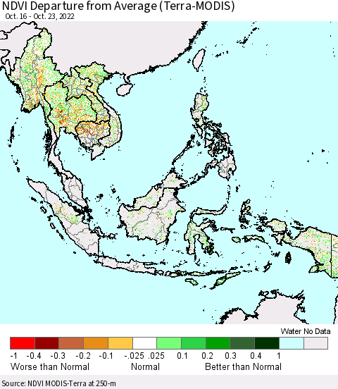 South East Asia NDVI Departure from Average (Terra-MODIS) Thematic Map For 10/16/2022 - 10/23/2022
