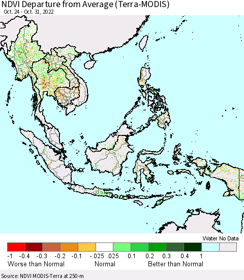 South East Asia NDVI Departure from Average (Terra-MODIS) Thematic Map For 10/24/2022 - 10/31/2022