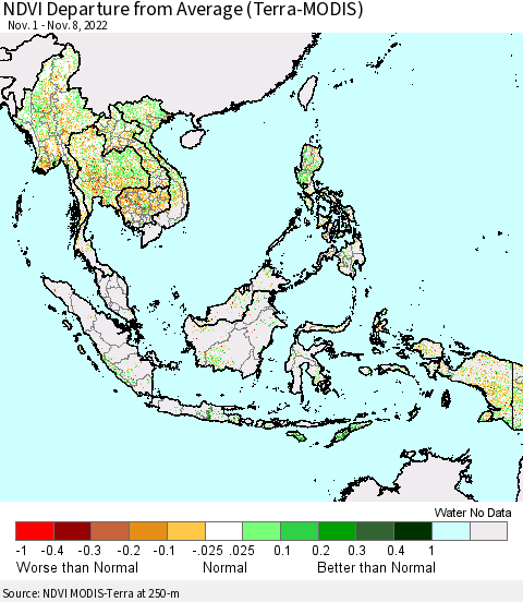 South East Asia NDVI Departure from Average (Terra-MODIS) Thematic Map For 11/1/2022 - 11/8/2022