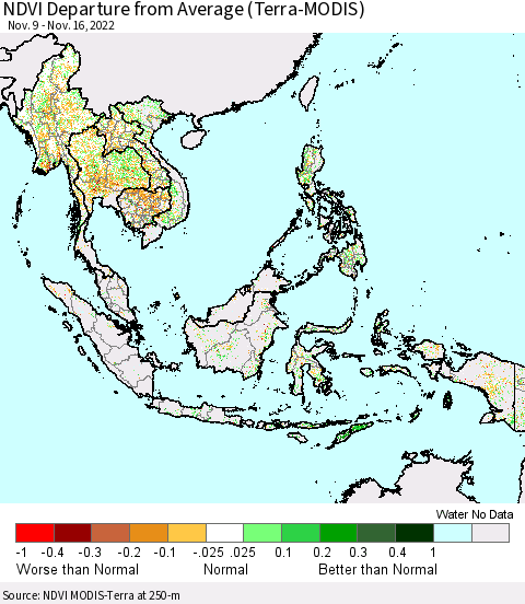 South East Asia NDVI Departure from Average (Terra-MODIS) Thematic Map For 11/9/2022 - 11/16/2022