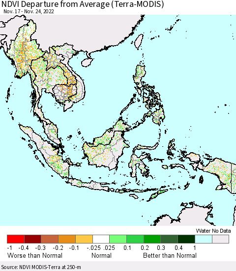 South East Asia NDVI Departure from Average (Terra-MODIS) Thematic Map For 11/17/2022 - 11/24/2022