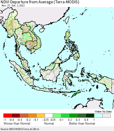 South East Asia NDVI Departure from Average (Terra-MODIS) Thematic Map For 11/25/2022 - 12/2/2022
