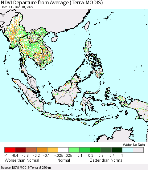 South East Asia NDVI Departure from Average (Terra-MODIS) Thematic Map For 12/11/2022 - 12/18/2022