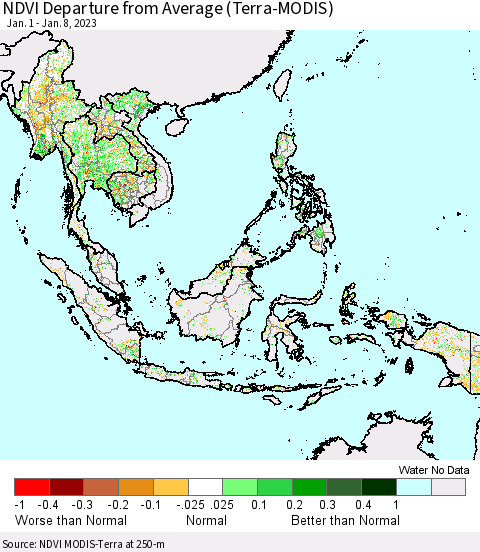 South East Asia NDVI Departure from Average (Terra-MODIS) Thematic Map For 1/1/2023 - 1/8/2023