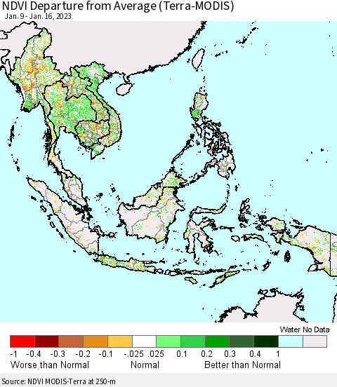 South East Asia NDVI Departure from Average (Terra-MODIS) Thematic Map For 1/9/2023 - 1/16/2023
