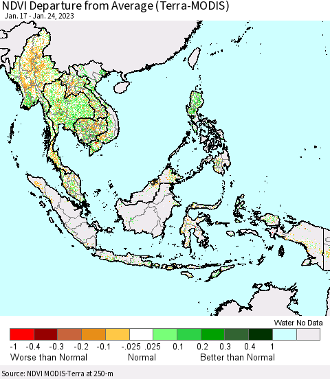 South East Asia NDVI Departure from Average (Terra-MODIS) Thematic Map For 1/17/2023 - 1/24/2023