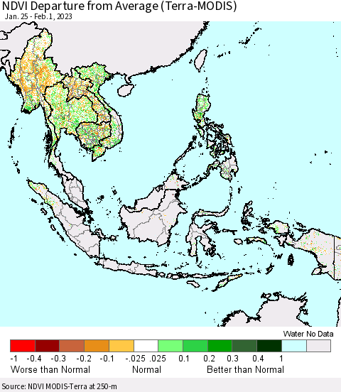 South East Asia NDVI Departure from Average (Terra-MODIS) Thematic Map For 1/25/2023 - 2/1/2023