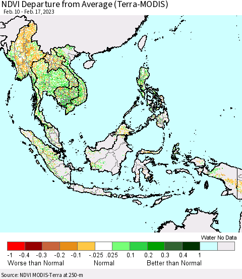 South East Asia NDVI Departure from Average (Terra-MODIS) Thematic Map For 2/10/2023 - 2/17/2023