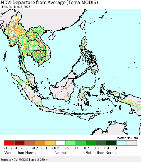 South East Asia NDVI Departure from Average (Terra-MODIS) Thematic Map For 2/26/2023 - 3/5/2023