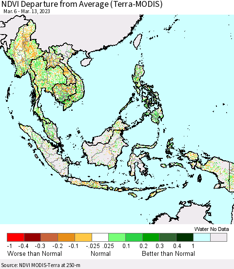 South East Asia NDVI Departure from Average (Terra-MODIS) Thematic Map For 3/6/2023 - 3/13/2023