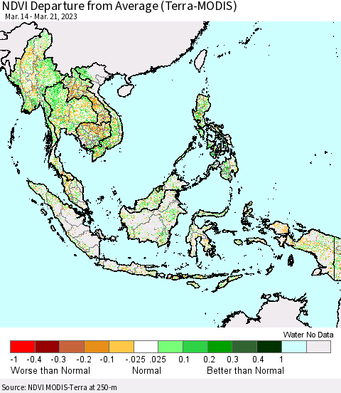 South East Asia NDVI Departure from Average (Terra-MODIS) Thematic Map For 3/14/2023 - 3/21/2023