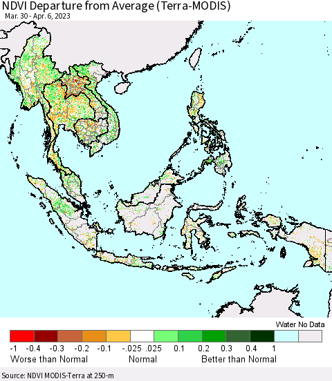 South East Asia NDVI Departure from Average (Terra-MODIS) Thematic Map For 3/30/2023 - 4/6/2023