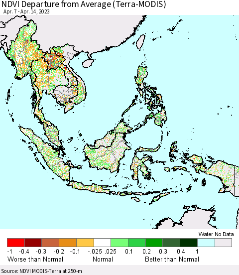 South East Asia NDVI Departure from Average (Terra-MODIS) Thematic Map For 4/7/2023 - 4/14/2023