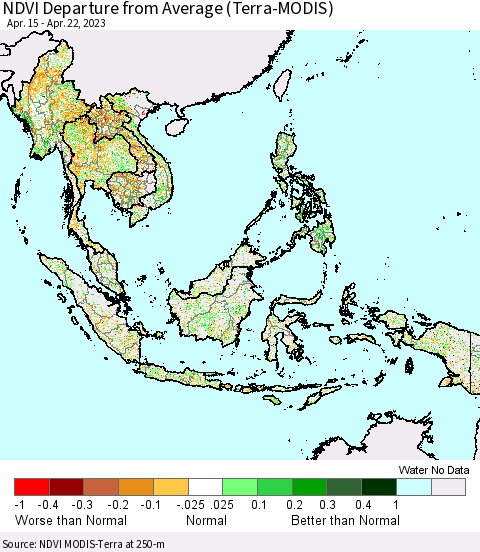 South East Asia NDVI Departure from Average (Terra-MODIS) Thematic Map For 4/15/2023 - 4/22/2023