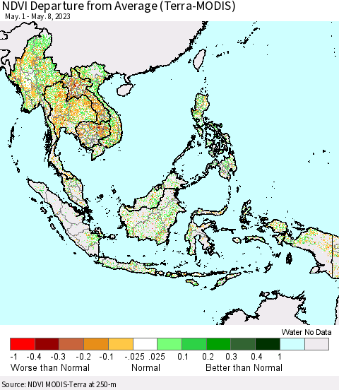 South East Asia NDVI Departure from Average (Terra-MODIS) Thematic Map For 5/1/2023 - 5/8/2023