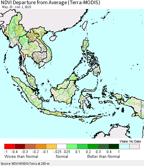 South East Asia NDVI Departure from Average (Terra-MODIS) Thematic Map For 5/25/2023 - 6/1/2023