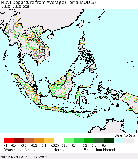 South East Asia NDVI Departure from Average (Terra-MODIS) Thematic Map For 7/20/2023 - 7/27/2023
