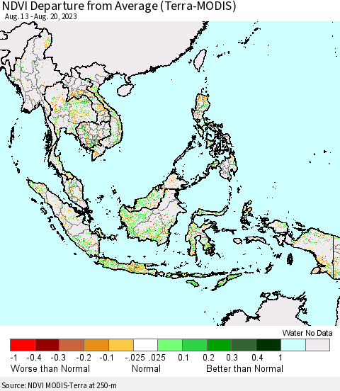 South East Asia NDVI Departure from Average (Terra-MODIS) Thematic Map For 8/13/2023 - 8/20/2023
