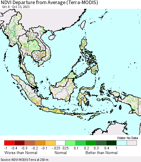 South East Asia NDVI Departure from Average (Terra-MODIS) Thematic Map For 10/8/2023 - 10/15/2023