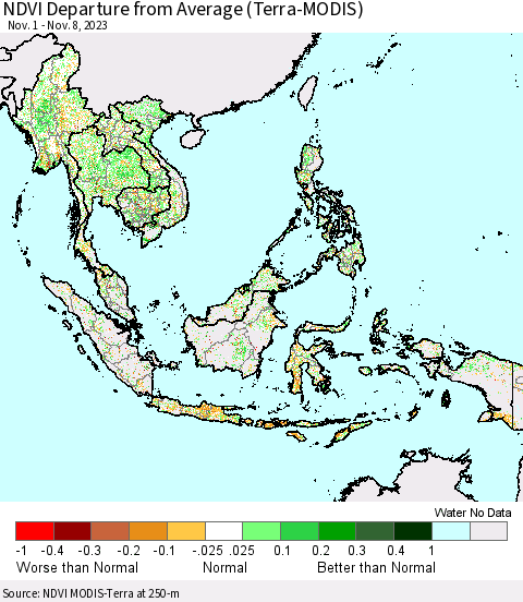 South East Asia NDVI Departure from Average (Terra-MODIS) Thematic Map For 11/1/2023 - 11/8/2023
