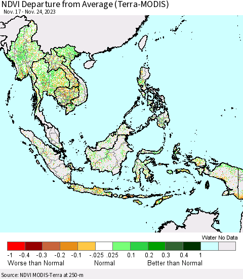 South East Asia NDVI Departure from Average (Terra-MODIS) Thematic Map For 11/17/2023 - 11/24/2023