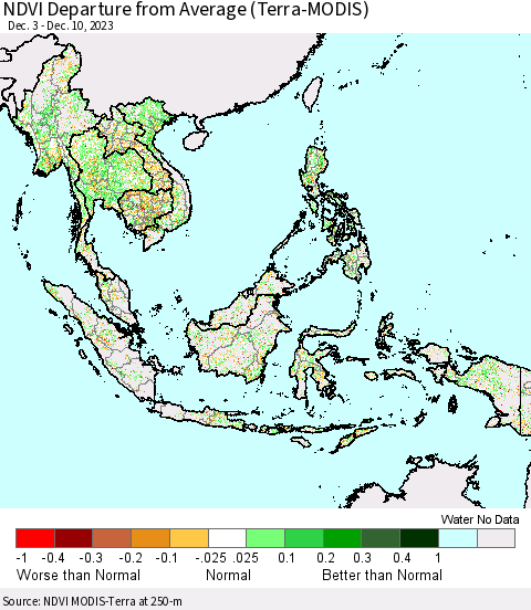 South East Asia NDVI Departure from Average (Terra-MODIS) Thematic Map For 12/3/2023 - 12/10/2023