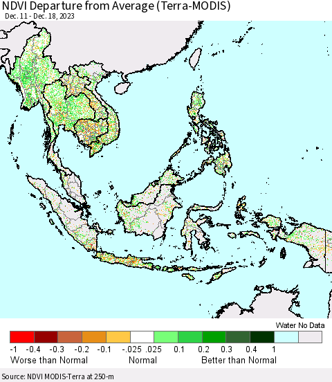 South East Asia NDVI Departure from Average (Terra-MODIS) Thematic Map For 12/11/2023 - 12/18/2023