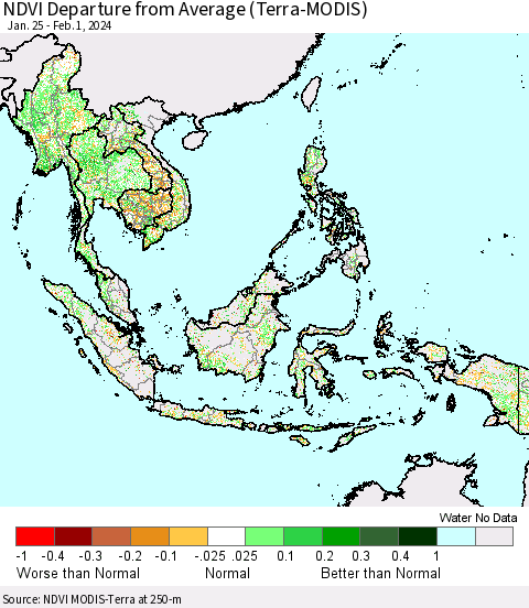 South East Asia NDVI Departure from Average (Terra-MODIS) Thematic Map For 1/25/2024 - 2/1/2024