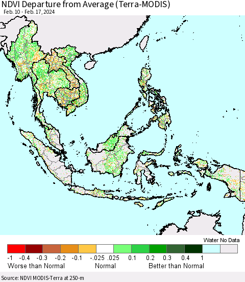 South East Asia NDVI Departure from Average (Terra-MODIS) Thematic Map For 2/10/2024 - 2/17/2024