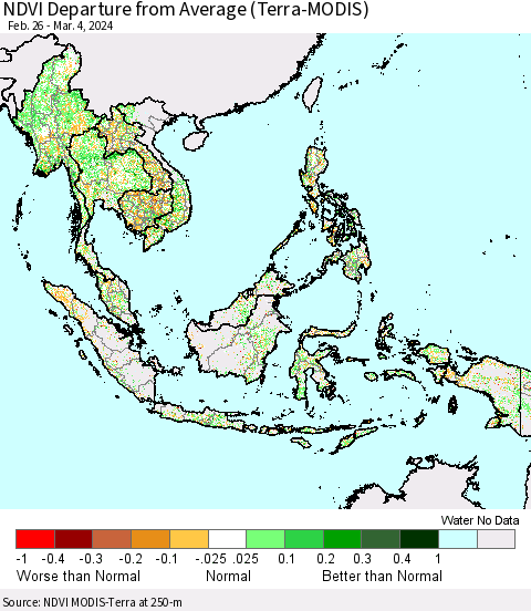 South East Asia NDVI Departure from Average (Terra-MODIS) Thematic Map For 2/26/2024 - 3/4/2024