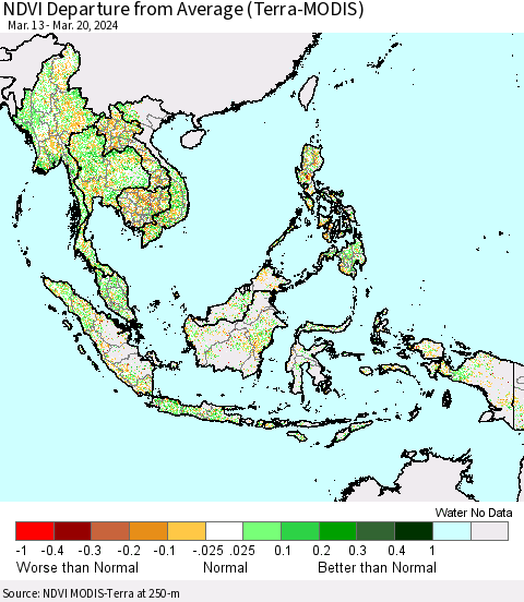 South East Asia NDVI Departure from Average (Terra-MODIS) Thematic Map For 3/13/2024 - 3/20/2024