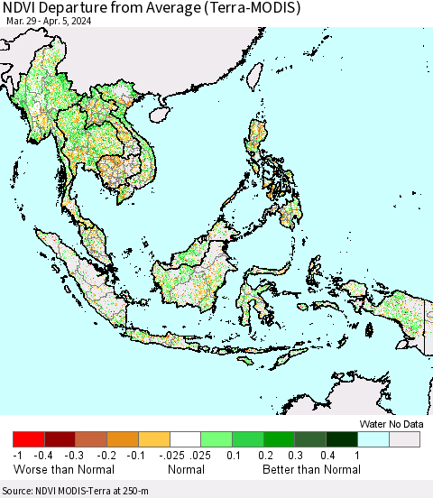 South East Asia NDVI Departure from Average (Terra-MODIS) Thematic Map For 3/29/2024 - 4/5/2024