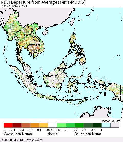 South East Asia NDVI Departure from Average (Terra-MODIS) Thematic Map For 4/22/2024 - 4/29/2024