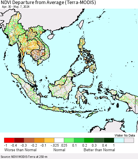 South East Asia NDVI Departure from Average (Terra-MODIS) Thematic Map For 4/30/2024 - 5/7/2024