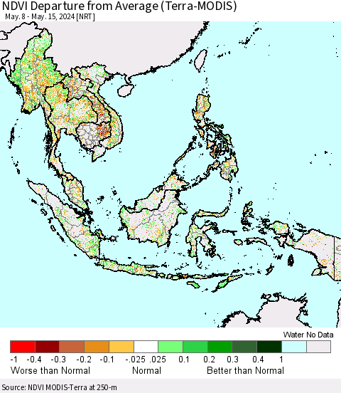 South East Asia NDVI Departure from Average (Terra-MODIS) Thematic Map For 5/8/2024 - 5/15/2024