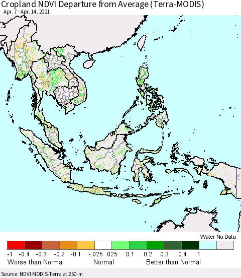 South East Asia Cropland NDVI Departure from Average (Terra-MODIS) Thematic Map For 4/7/2021 - 4/14/2021
