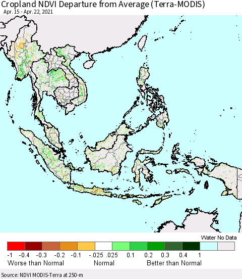 South East Asia Cropland NDVI Departure from Average (Terra-MODIS) Thematic Map For 4/15/2021 - 4/22/2021