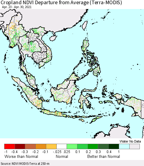 South East Asia Cropland NDVI Departure from Average (Terra-MODIS) Thematic Map For 4/23/2021 - 4/30/2021