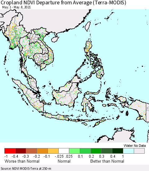 South East Asia Cropland NDVI Departure from Average (Terra-MODIS) Thematic Map For 5/1/2021 - 5/8/2021