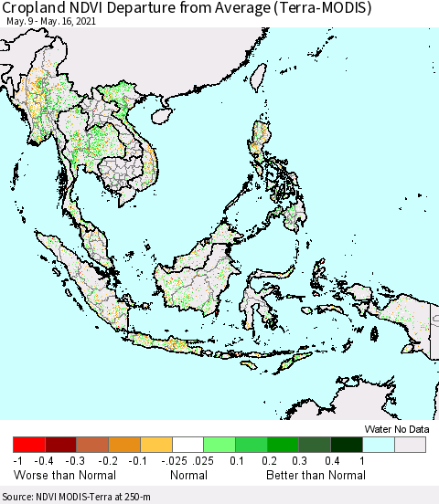 South East Asia Cropland NDVI Departure from Average (Terra-MODIS) Thematic Map For 5/9/2021 - 5/16/2021