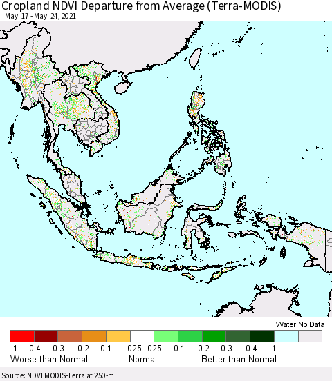 South East Asia Cropland NDVI Departure from Average (Terra-MODIS) Thematic Map For 5/17/2021 - 5/24/2021